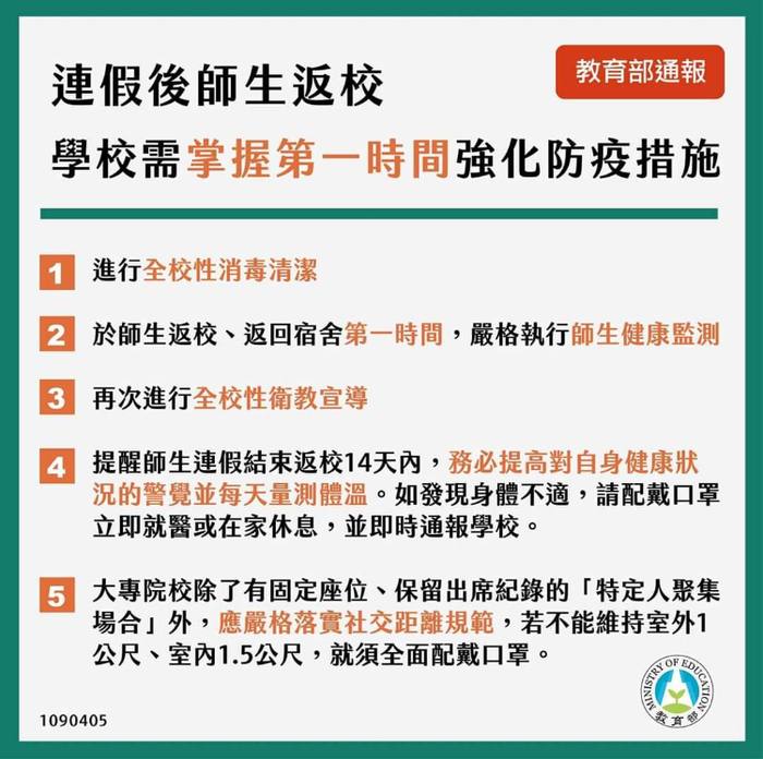 ［防疫重點］春假結束後返校，自109/4/6起14天全體教職員務必落實健康自我管理。圖片